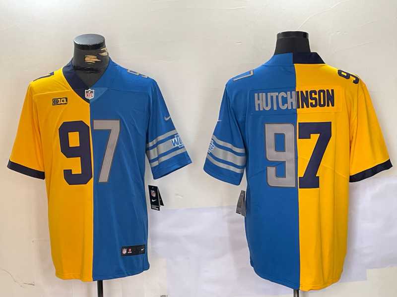 Men%27s Detroit Lions #97 Aidan Hutchinson Yellow Blue Split Vapor Limited Stitched Jerseys Dzhi